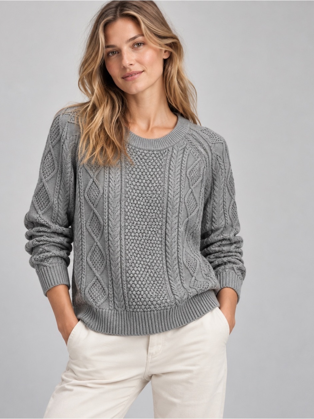 J.Crew Cotton Cable Knit Fisherman Sweater Heather Gray Small